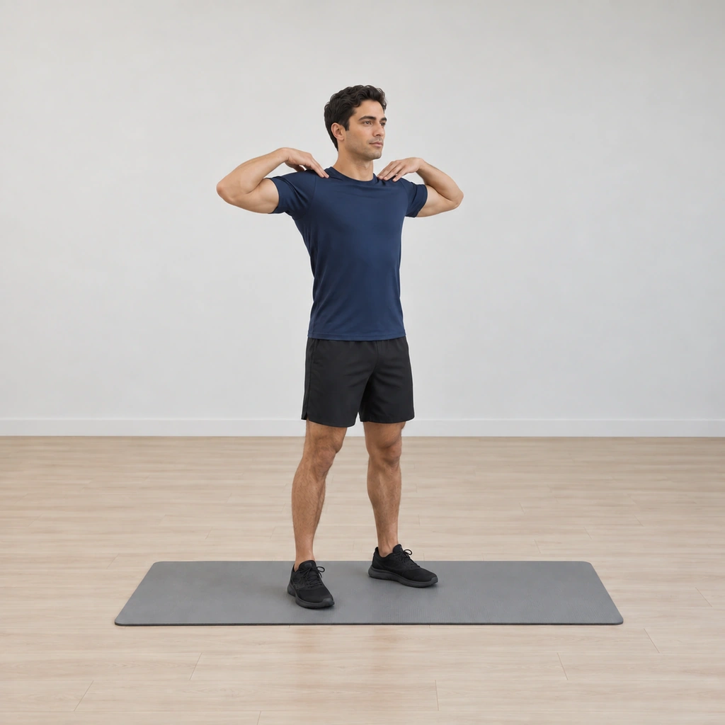 He has drawn both elbows back around and down to the starting placement, completing the circle with his fingertips still on his shoulders and inhaling as it closes.