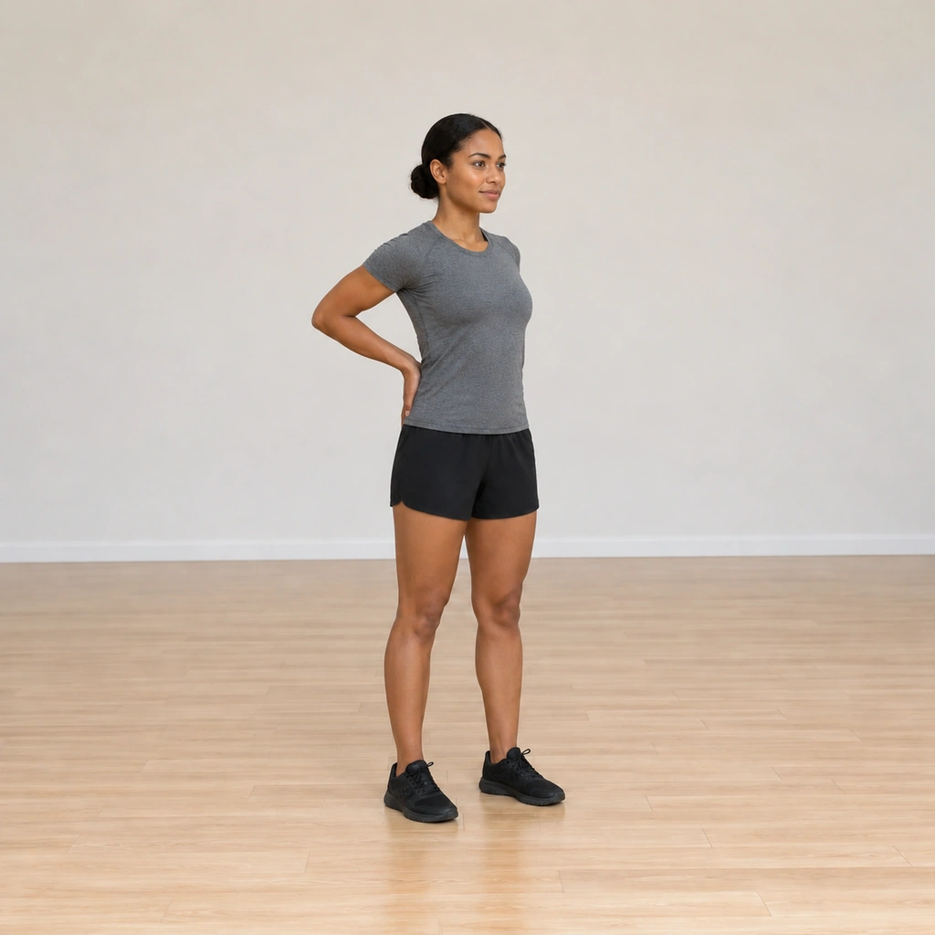 Her hands are placed on her lower back with the fingers pointing downward, the elbows flared out to the sides and her trunk still tall.