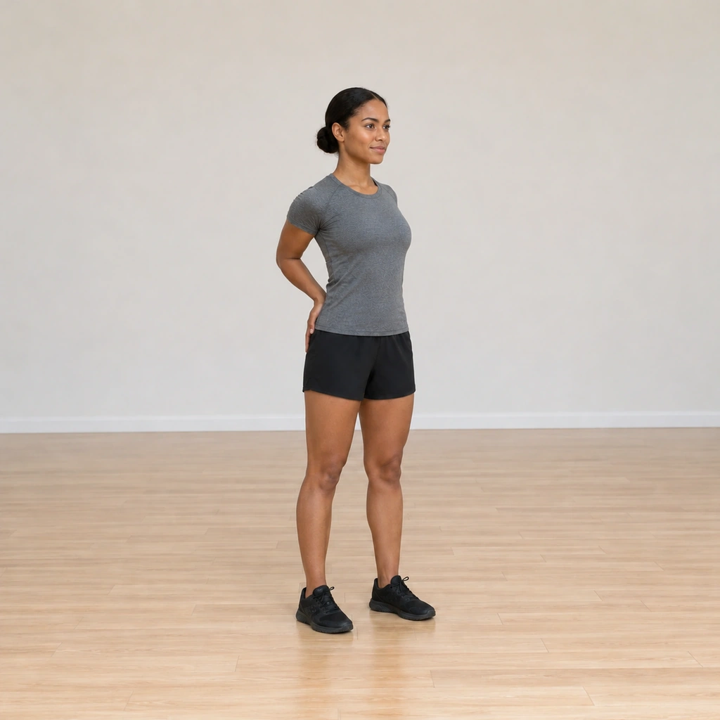 Her elbows are drawn back toward each other behind her, the shoulder blades closing while her hands stay on her lower back and her chest opens.