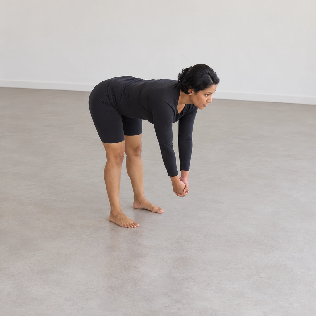 A woman folded forward at the hips, back flat and parallel to the floor, clasped hands hanging under her shoulders.