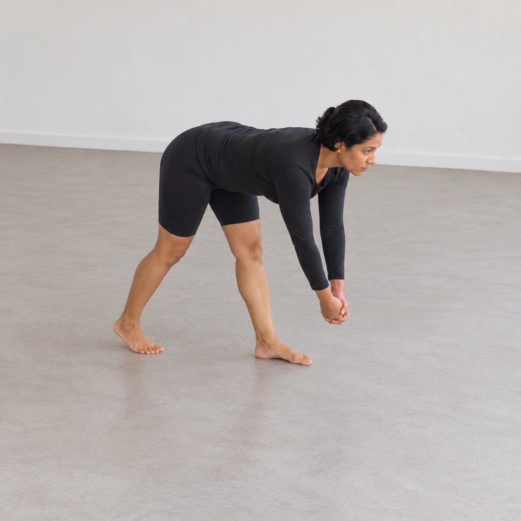 A woman mid lumbering step, folded forward, clasped hands beginning to swing under her shoulders.