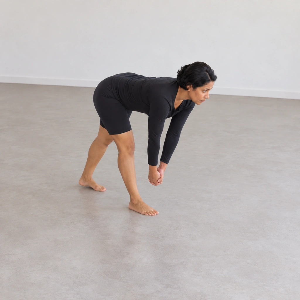 A woman mid folded walk, second foot stepping through, clasped hands swung across under her shoulders.