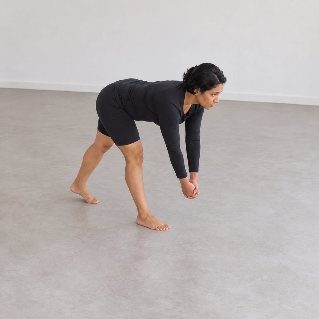 A woman continuing the folded lumbering walk, body swaying, clasped hands swinging under her shoulders.