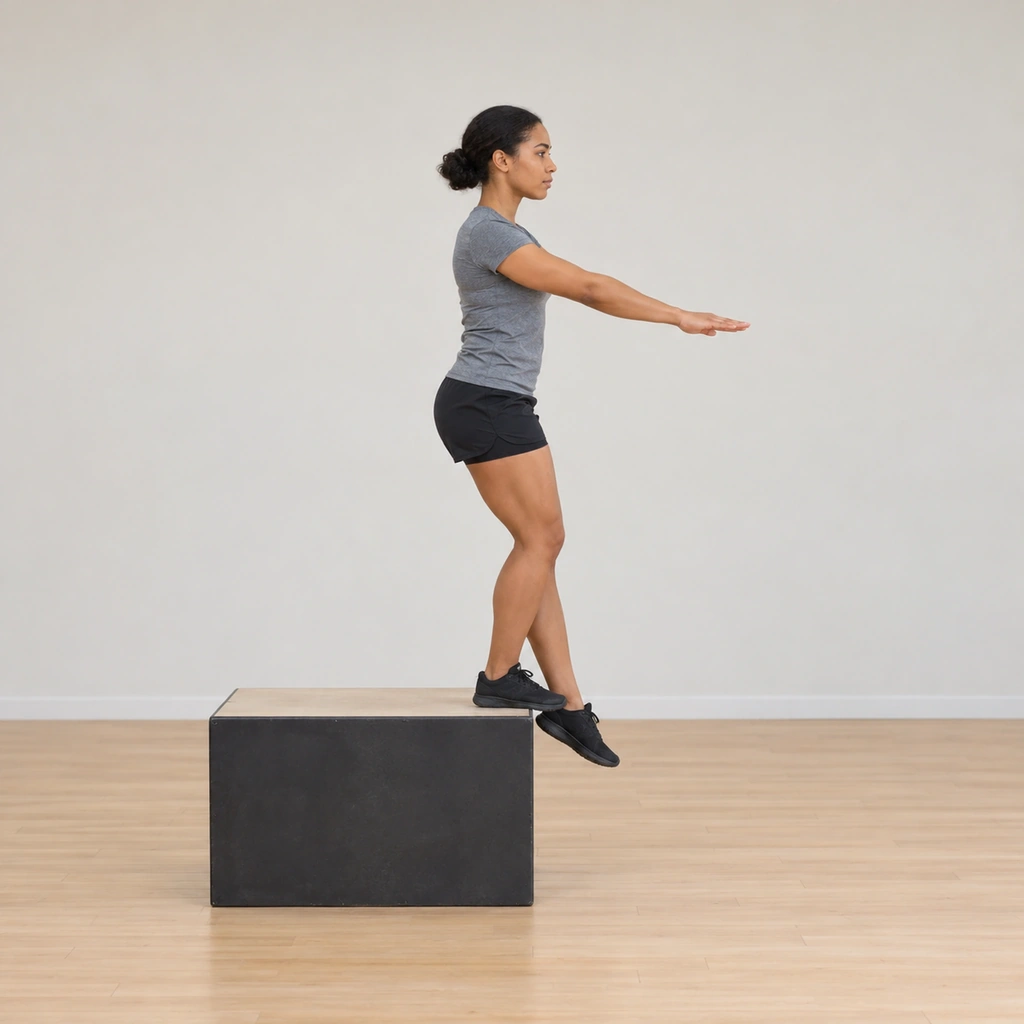 She stands balanced on the edge of the plyo box on her right leg: right foot planted near the box edge, knee soft, torso tall, arms slightly out for balance, the left leg held beside the right above the floor.