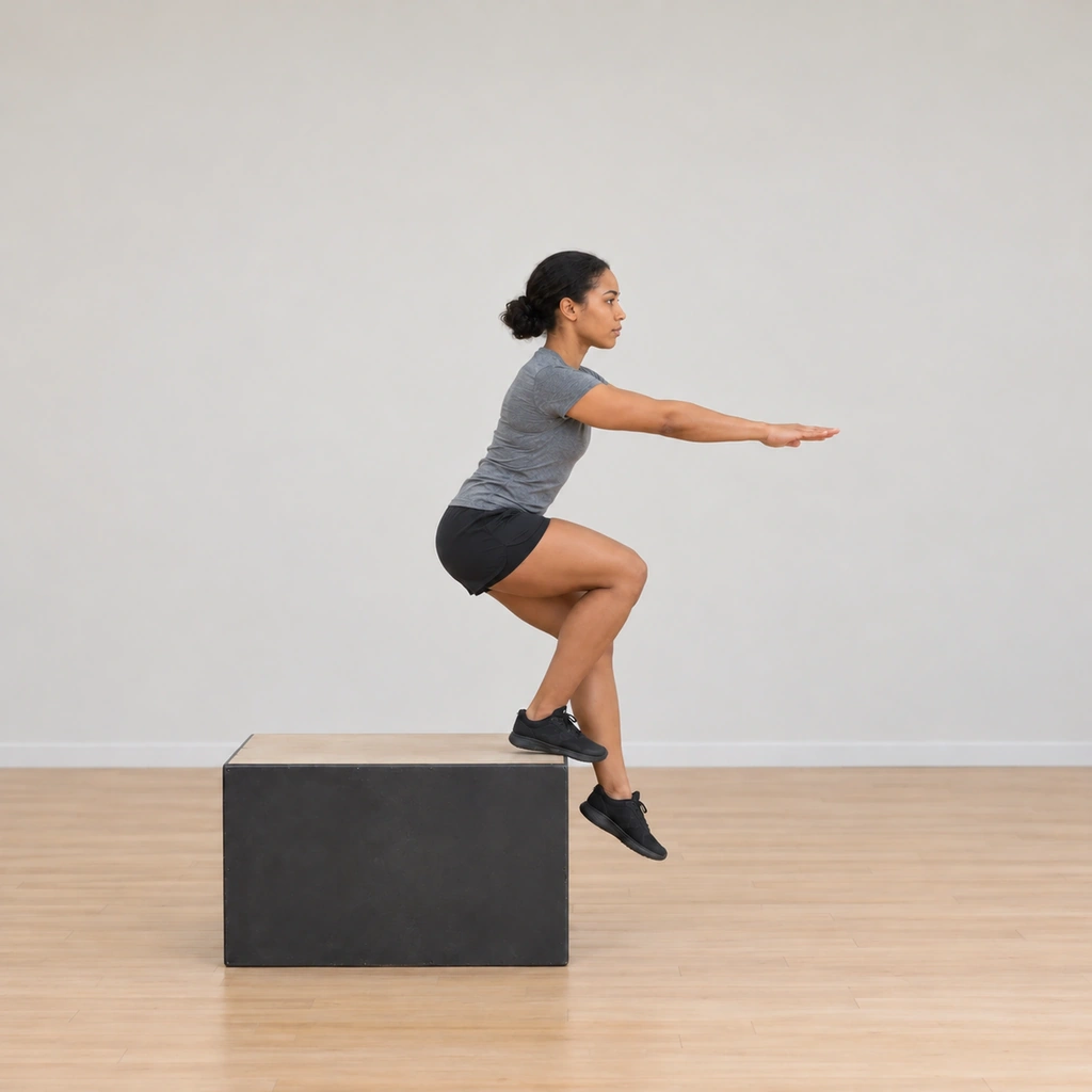 She is mid-descent: right knee and hip bending into a one-leg squat on the box edge, her left leg dangling straight down alongside the box face, arms forward for balance, torso leaning slightly over the working leg.