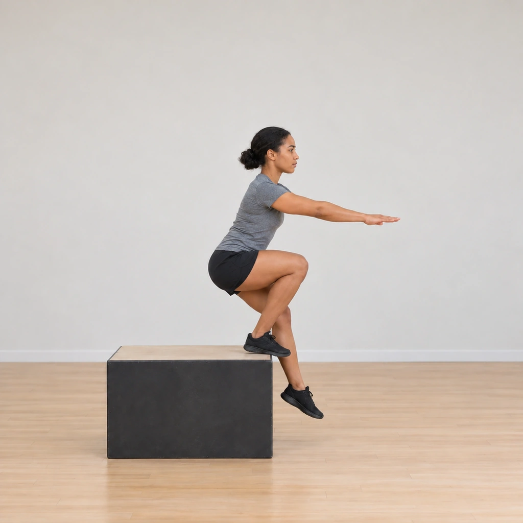 She sits in the deep one-leg squat at the box edge: right knee and hip fully flexed over the planted foot, her left leg dangling free straight down beside the box above the floor, torso inclined forward, arms ahead for balance.