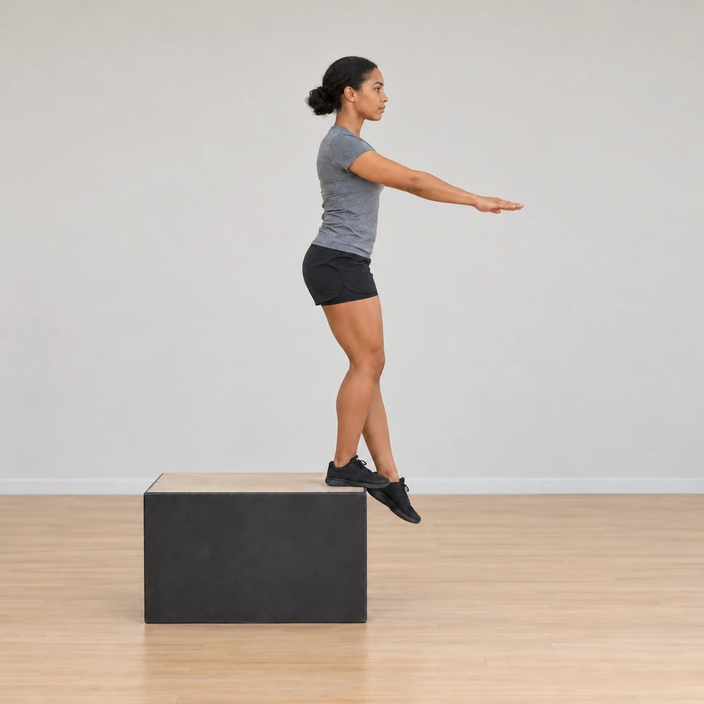 She is mid-rise: right leg driving the body back up on the box edge, knee and hip extending, her left leg still dangling beside the box, arms out for balance, torso lifting tall.
