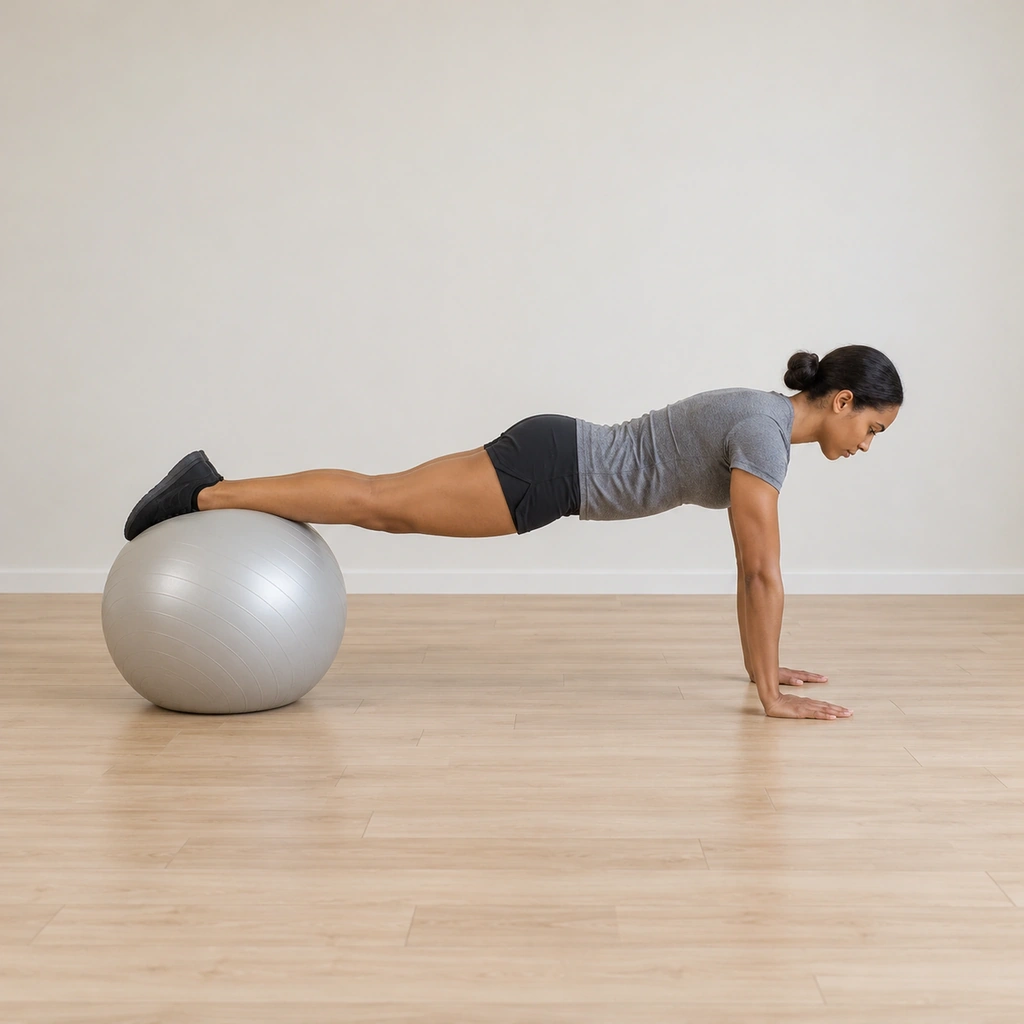 She holds a push-up plank: hands under the shoulders on the floor, arms straight, back flat in a rigid line; her shins and the tops of her feet rest on top of the exercise ball behind her.