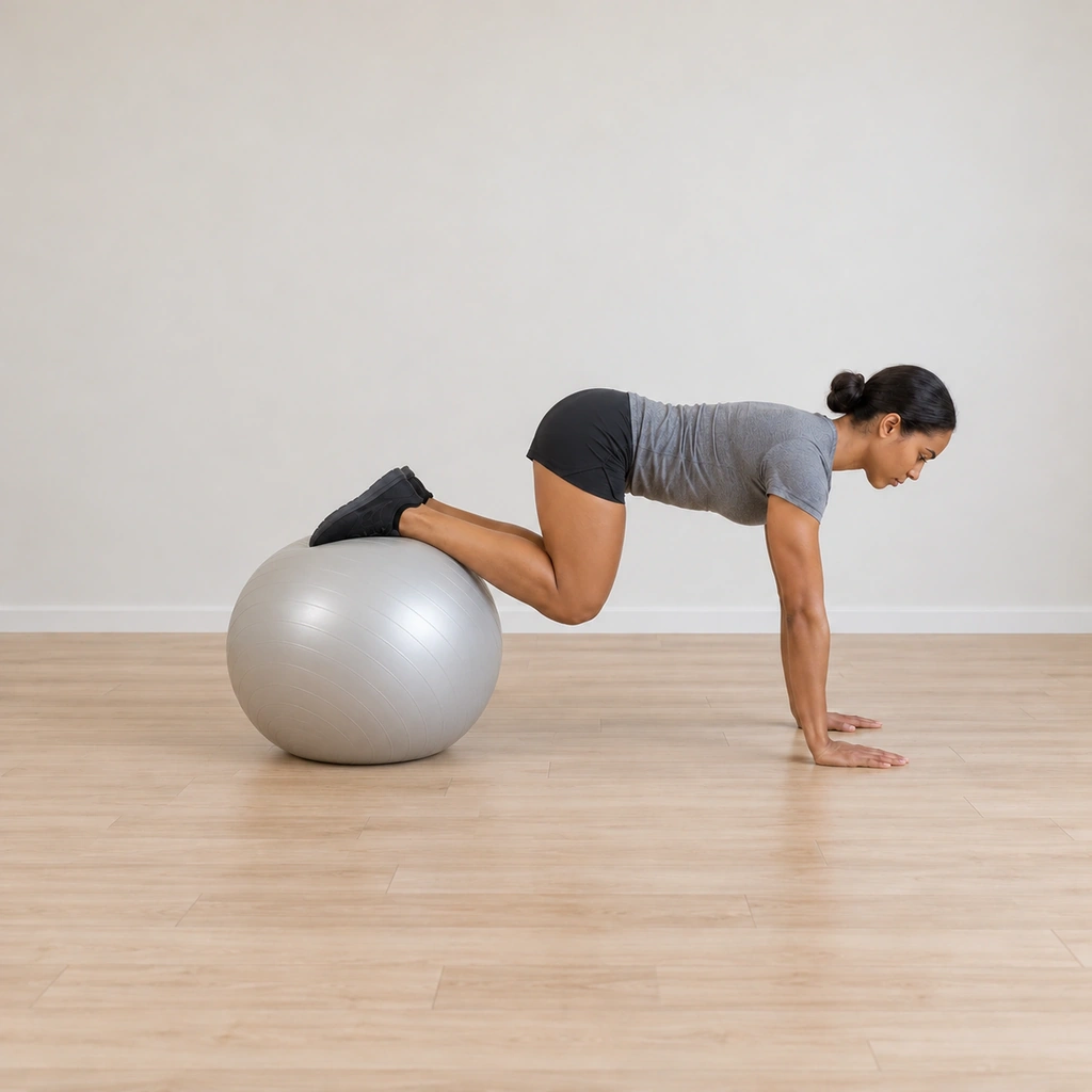 She draws her knees in toward her chest: hips folding upward, the ball rolled forward under her ankles as her shins ride it; her arms stay straight and her shoulders stay over her hands.