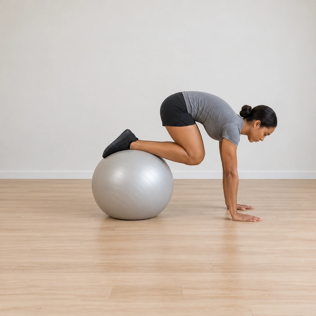 She holds the deepest tuck: knees under her chest, hips peaked, the ball resting under her ankles close to her hands' line; her trunk is rounded over the fold.