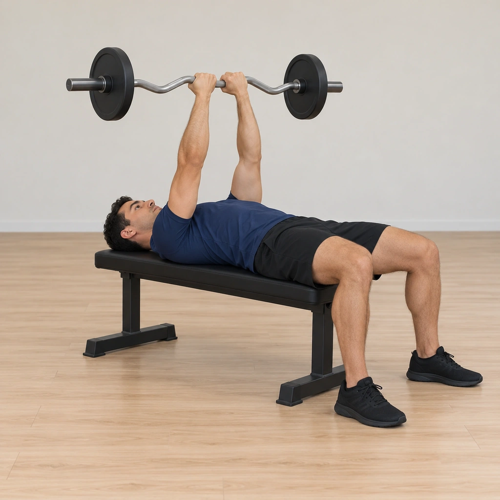 He lies supine on the flat bench holding the EZ bar at arm's length over his torso on a narrow grip, elbows in, feet planted.