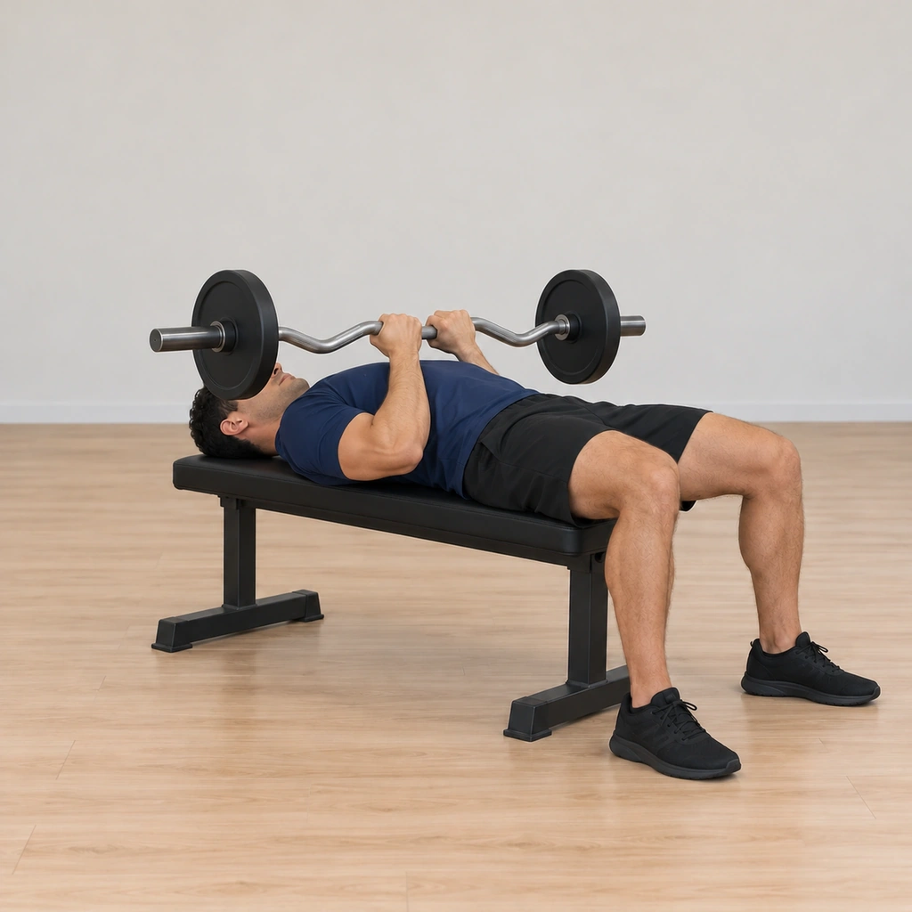He lowers the EZ bar under control toward his lower chest, elbows held in at his sides, still lying supine on the bench.
