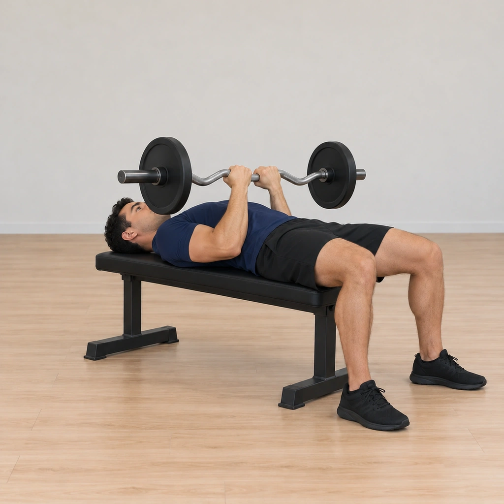 He presses the EZ bar back up toward extension, elbows extending while staying in, the bar rising off his lower chest.