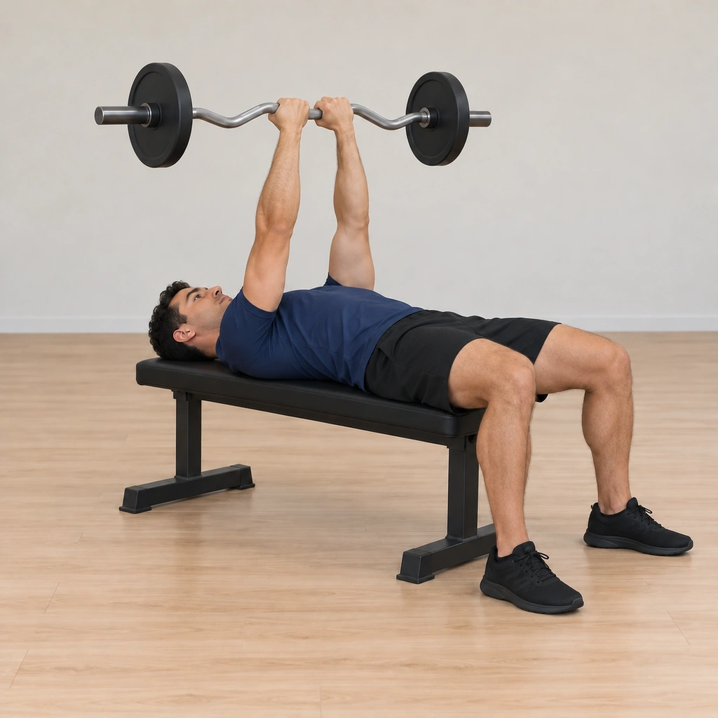 He holds the EZ bar at full extension over his torso again, elbows in, ready to lower for the next rep.