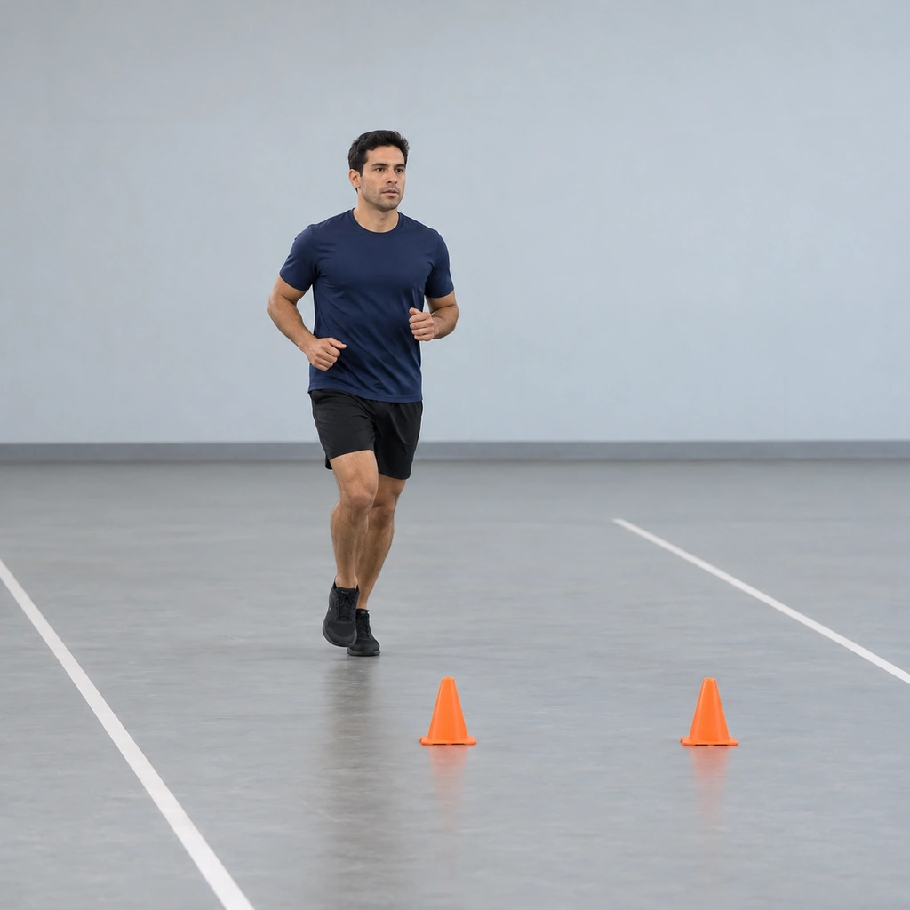 A man jogging easily along a marked lane toward two floor cones, upright and relaxed.