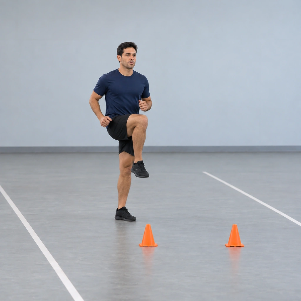 A man stopped beside the two cones on one leg, the other knee lifted to hip height, balanced and tall.