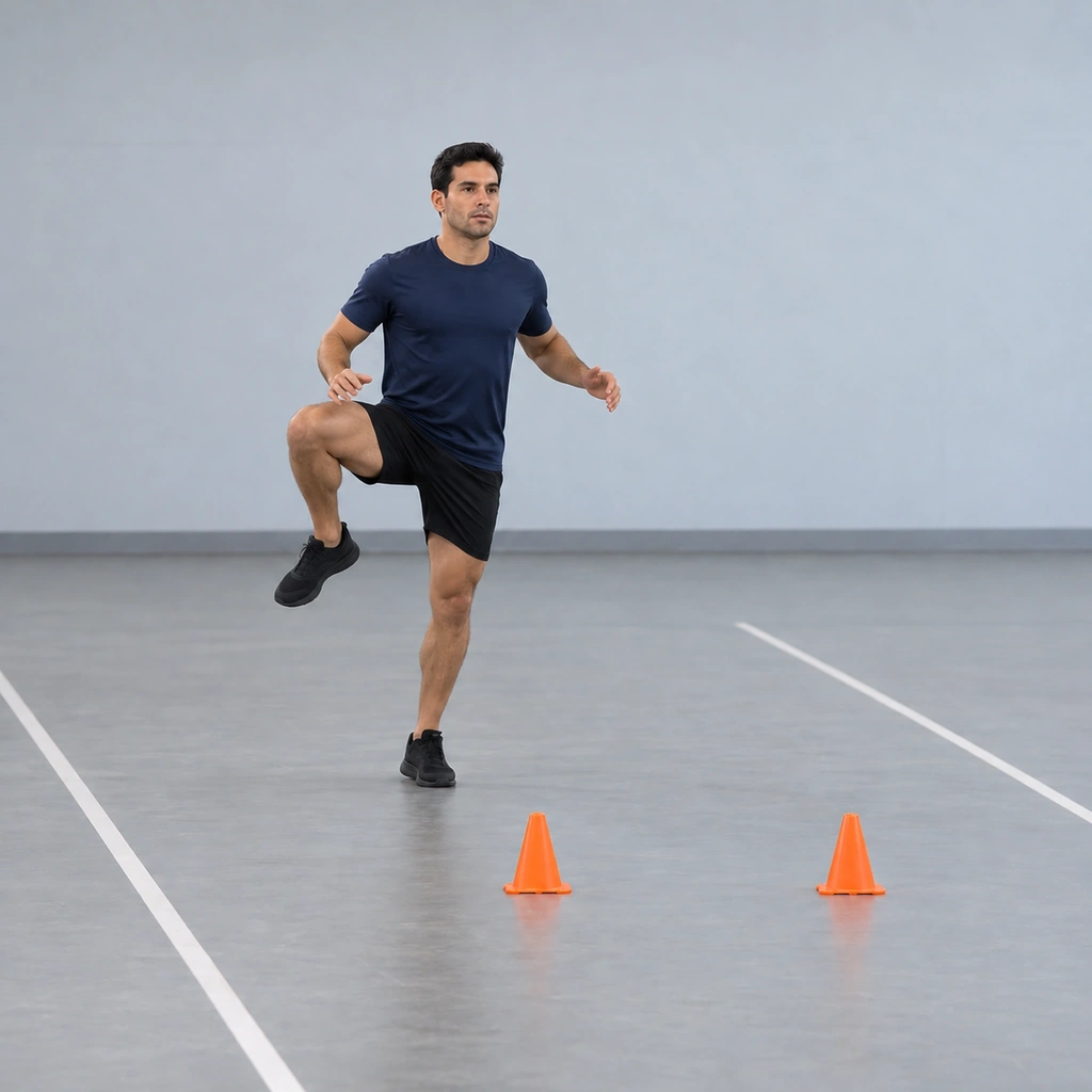 A man balanced on one leg, the lifted knee rotated open outward to the side like a gate, arms slightly out for balance.