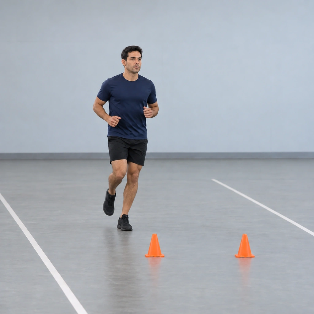 A man jogging on past the cone pair, the rotated leg returned to the stride, the next cone pair ahead.