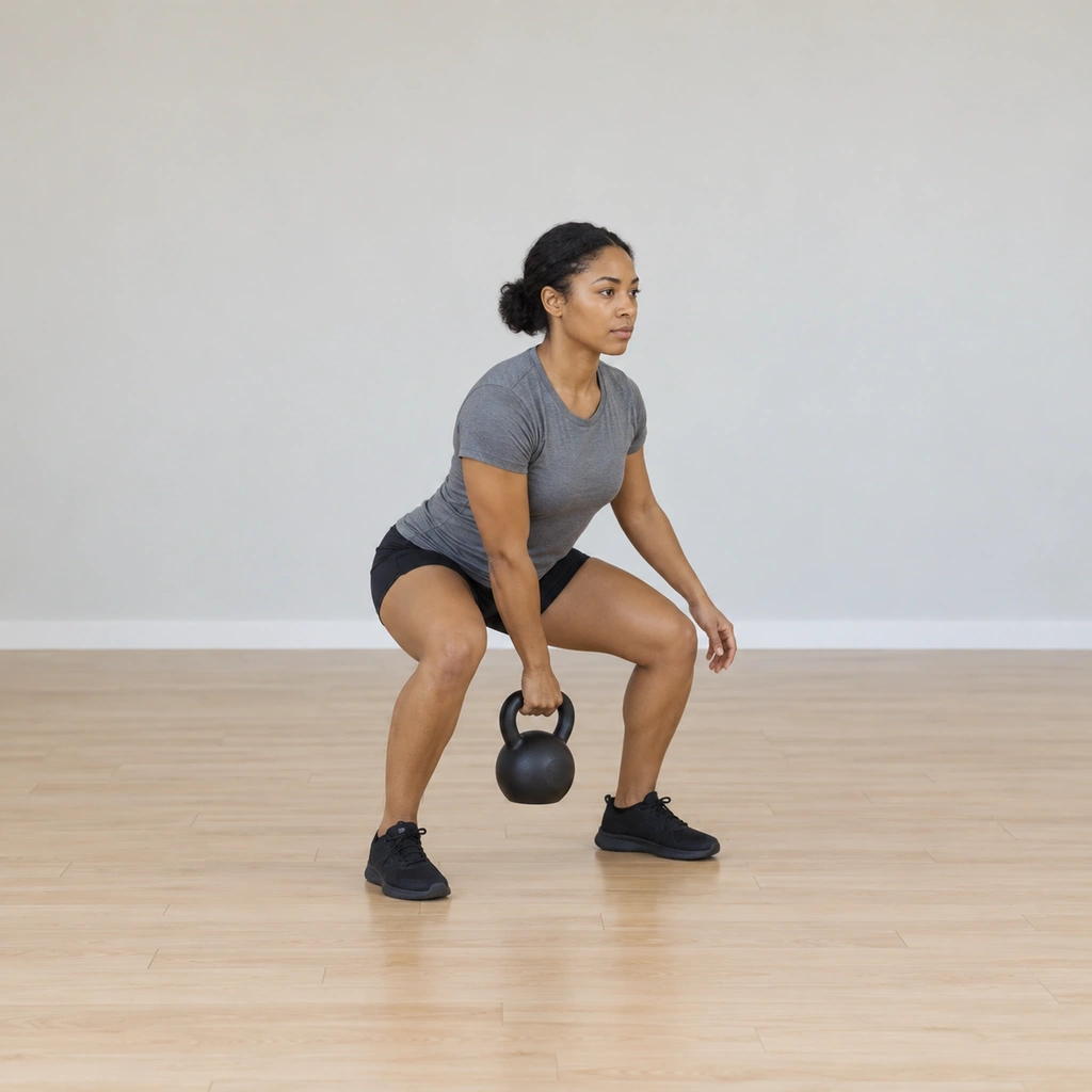 She holds a low quarter-squat: knees bent to about a quarter depth, hips back, chest lifted, the kettlebell hanging in her right hand in front of her right leg, her left hand open and ready beside her left leg.