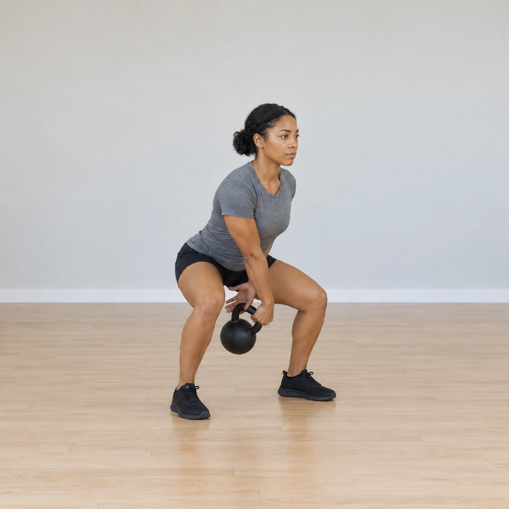 She swings the kettlebell back between her legs from the right hand toward the waiting left hand: the bell travelling through the gap between her thighs, her left hand reaching behind the left thigh to receive it, the quarter-squat still held.