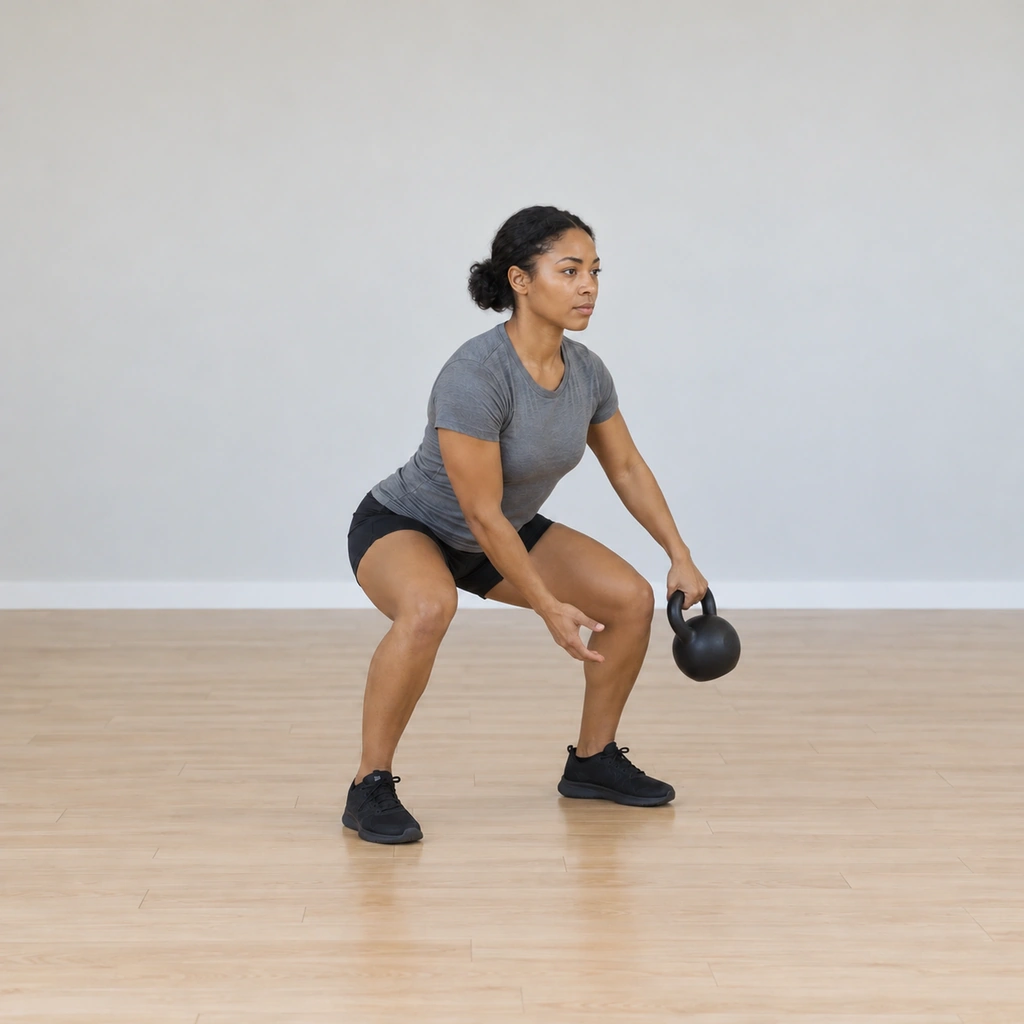 She continues the figure-8: the kettlebell, now in the left hand, swings around the outside of the left leg and forward between the legs again toward the right hand, the squat still held, the path tracing the second half of the figure-8.