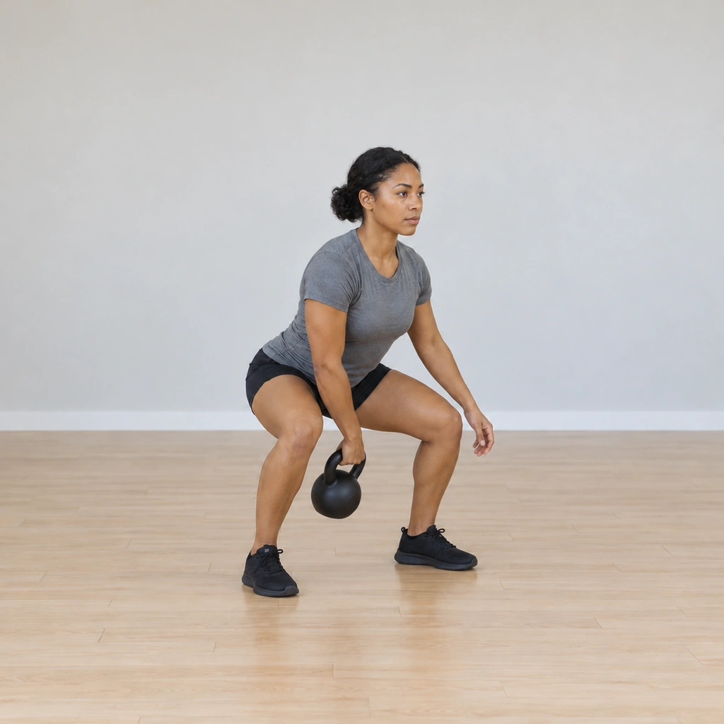 She repeats the hand-off rhythm: the kettlebell arriving back into the right hand from behind the right thigh to begin the next figure-8 loop, the low quarter-squat never leaving, her eyes forward.