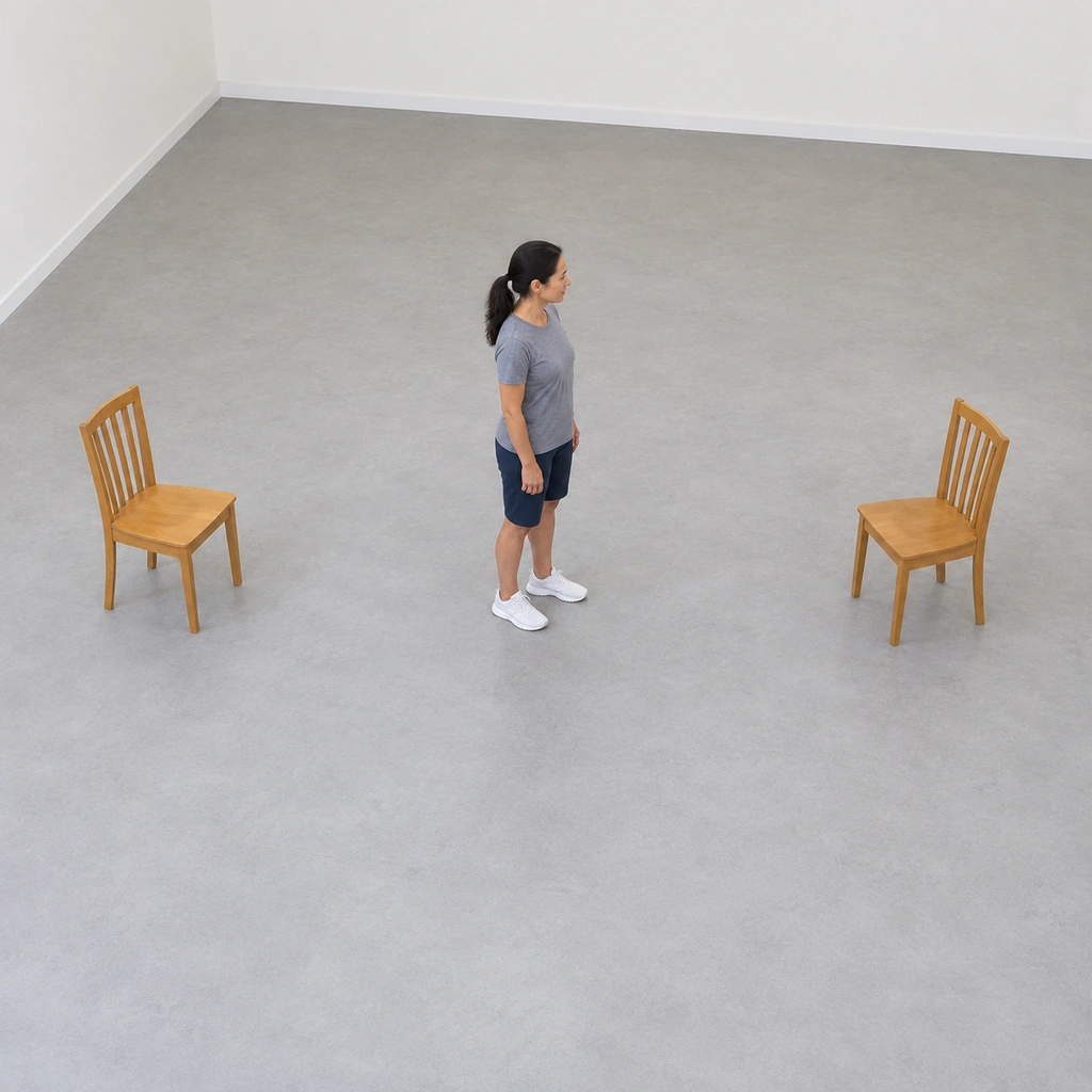 A woman standing upright midway between two chairs set apart on a studio floor, facing toward the chair on her right, about to start walking.