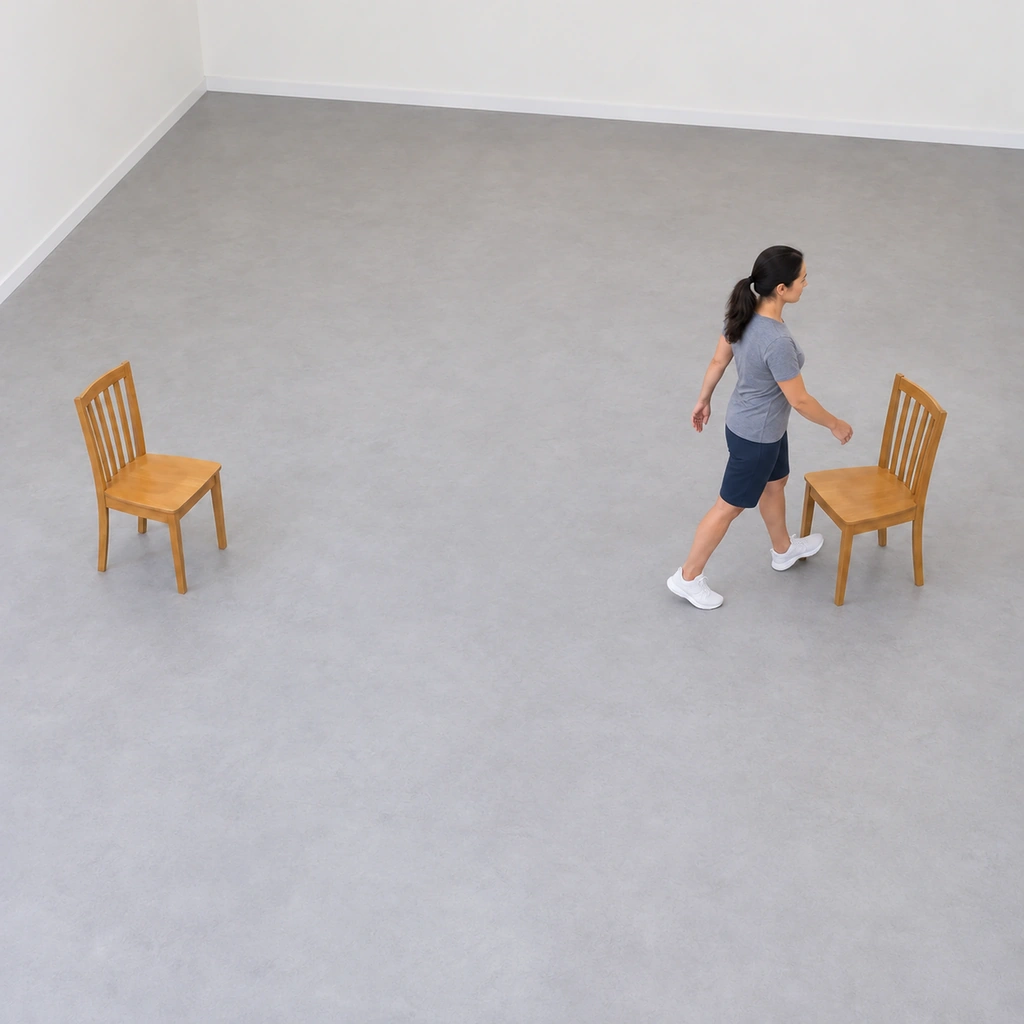 The same woman mid-stride, curving around the right-hand chair with the chair close beside her, her body turned to follow the curve.