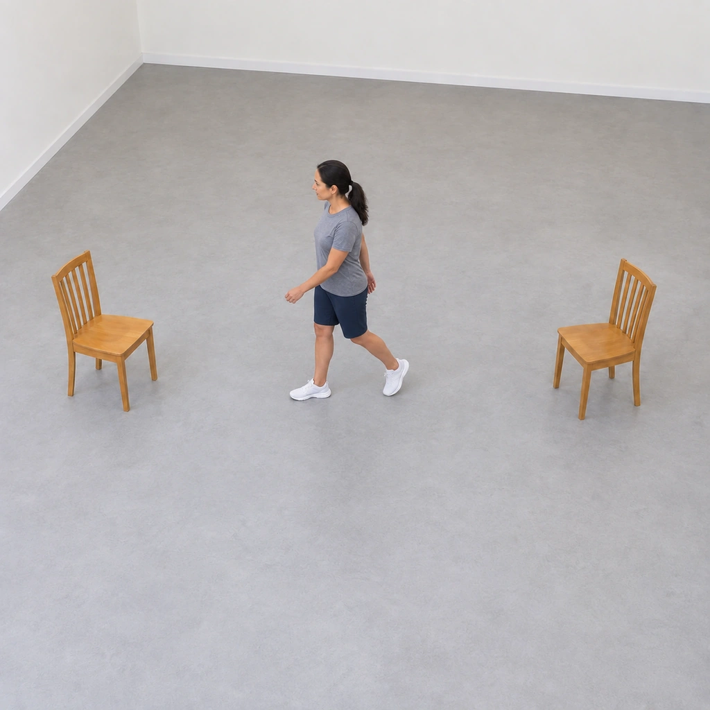 The same woman mid-stride walking straight through the middle point between the two chairs, now turned toward the left-hand chair.