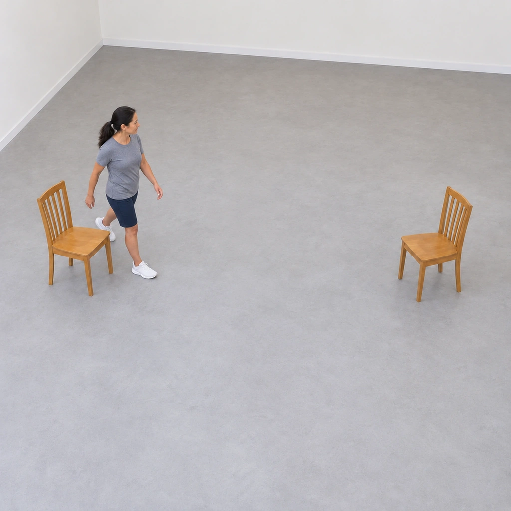 The same woman mid-stride, curving around the left-hand chair with the chair close beside her, completing the loop.