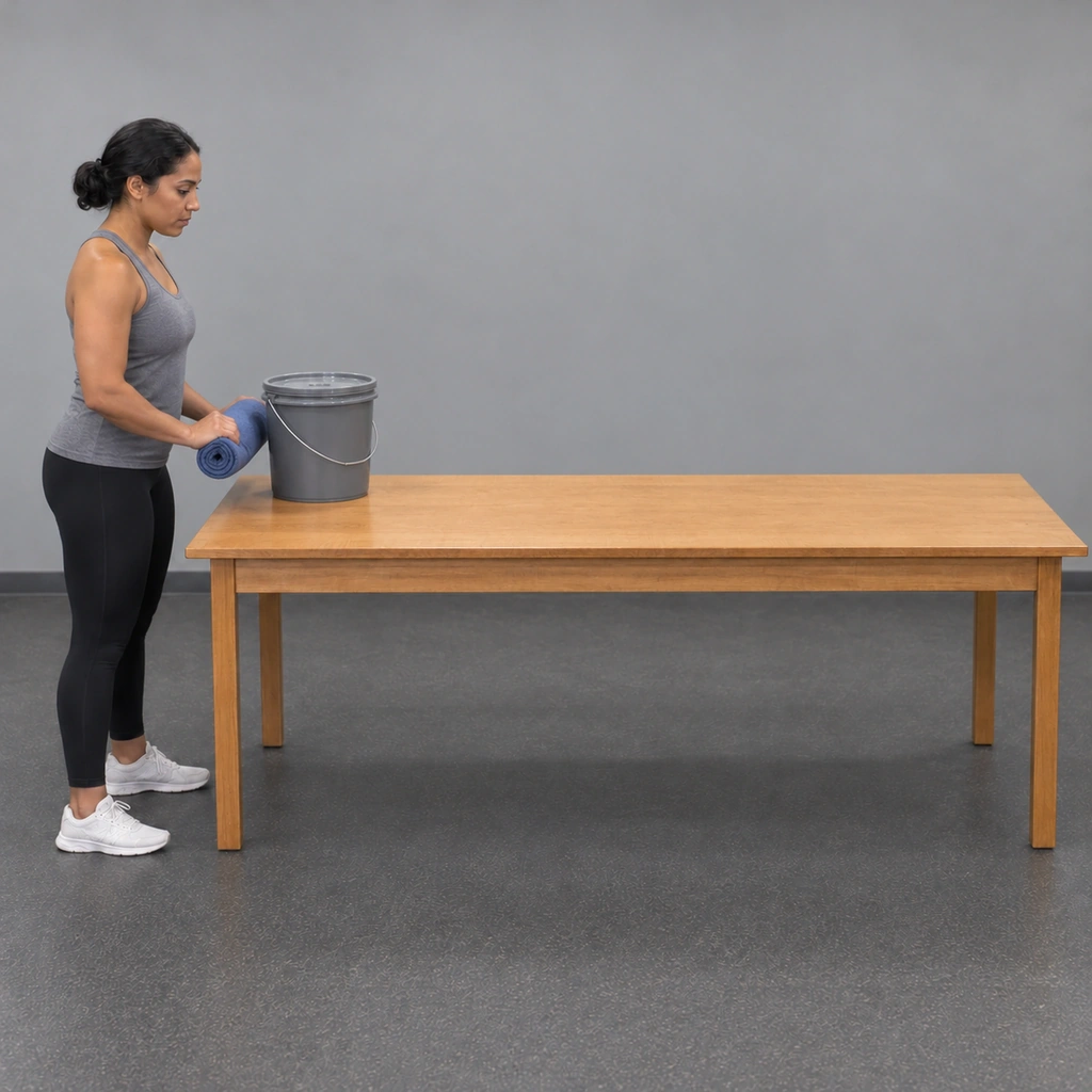 The same woman holding the entire cloth rolled up, the bucket arrived at her end of the table.