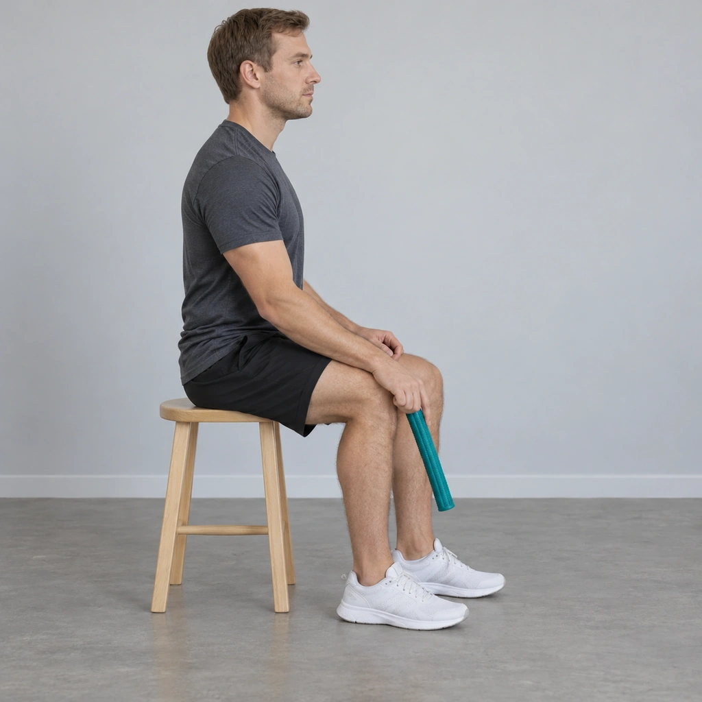 A man seated on a stool, right forearm resting on his thigh, wrist dropped down holding a flexible resistance bar.