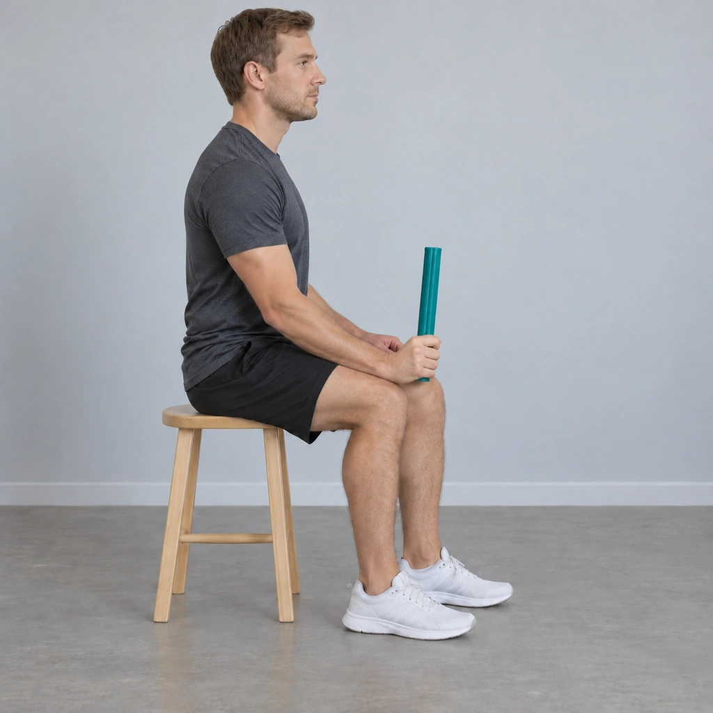 The same man, right wrist now extended upward, the FlexBar raised more upright in his hand.