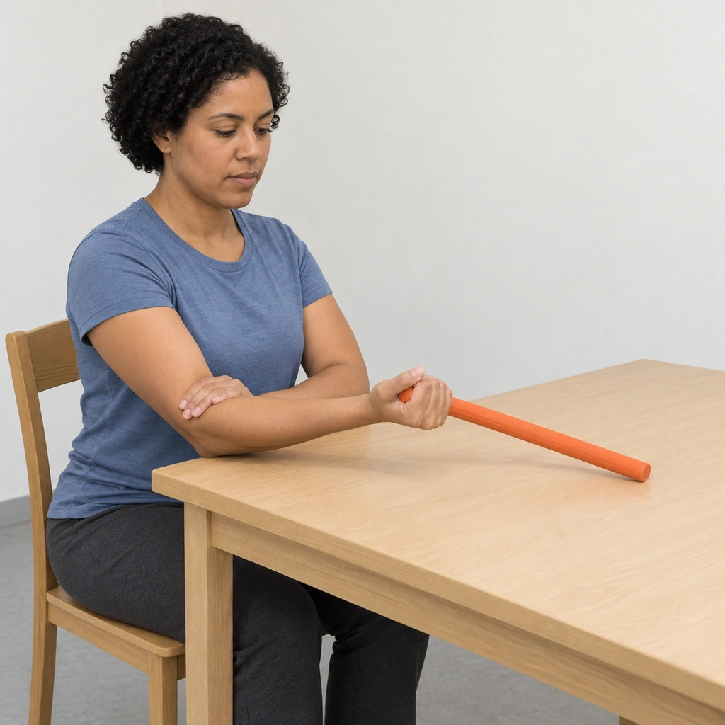 A woman seated at a table with her right elbow on it and her left hand on that elbow, her right palm up gripping one end of a bar whose other end rests on the table.