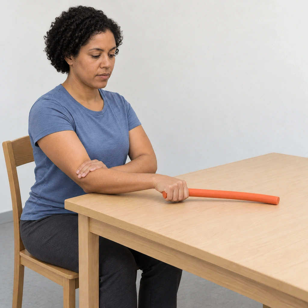 The same woman with her elbow and left hand unmoved, her right palm turned down toward the table and the bar pressed against the tabletop.