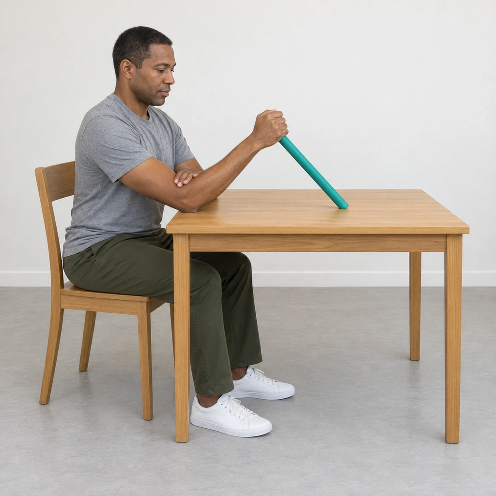A man seated at a table with his right elbow on the tabletop, his right fist gripping a straight bar whose other end rests on the table, and his left hand resting on the right elbow.