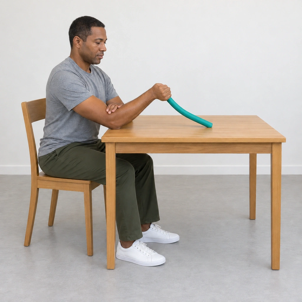 The same man with his right elbow and forearm unmoved and his right wrist bent toward the little-finger side, the fist tipped toward the table and the bar bowed against the tabletop.