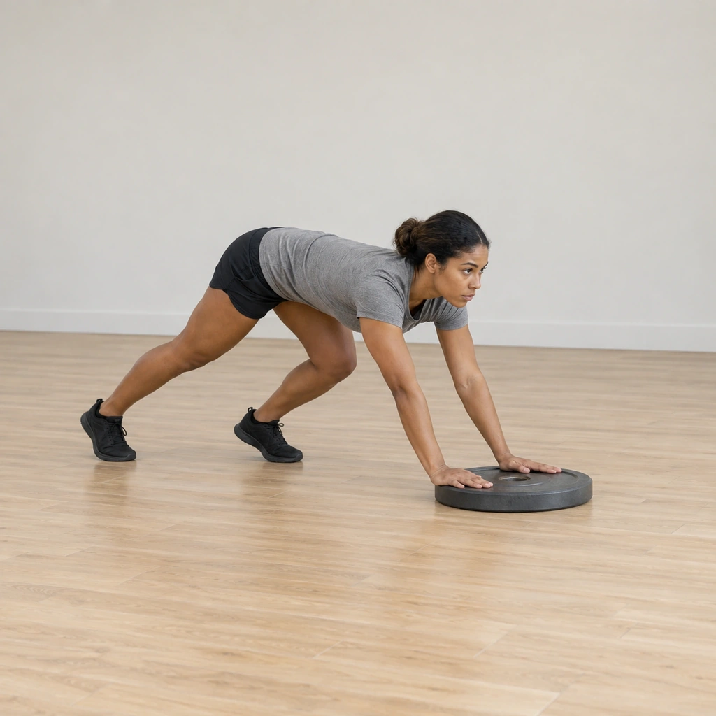 She is bent forward over the flat plate, both hands pressed on top of the disc, arms extended, legs braced behind in a ready stance.
