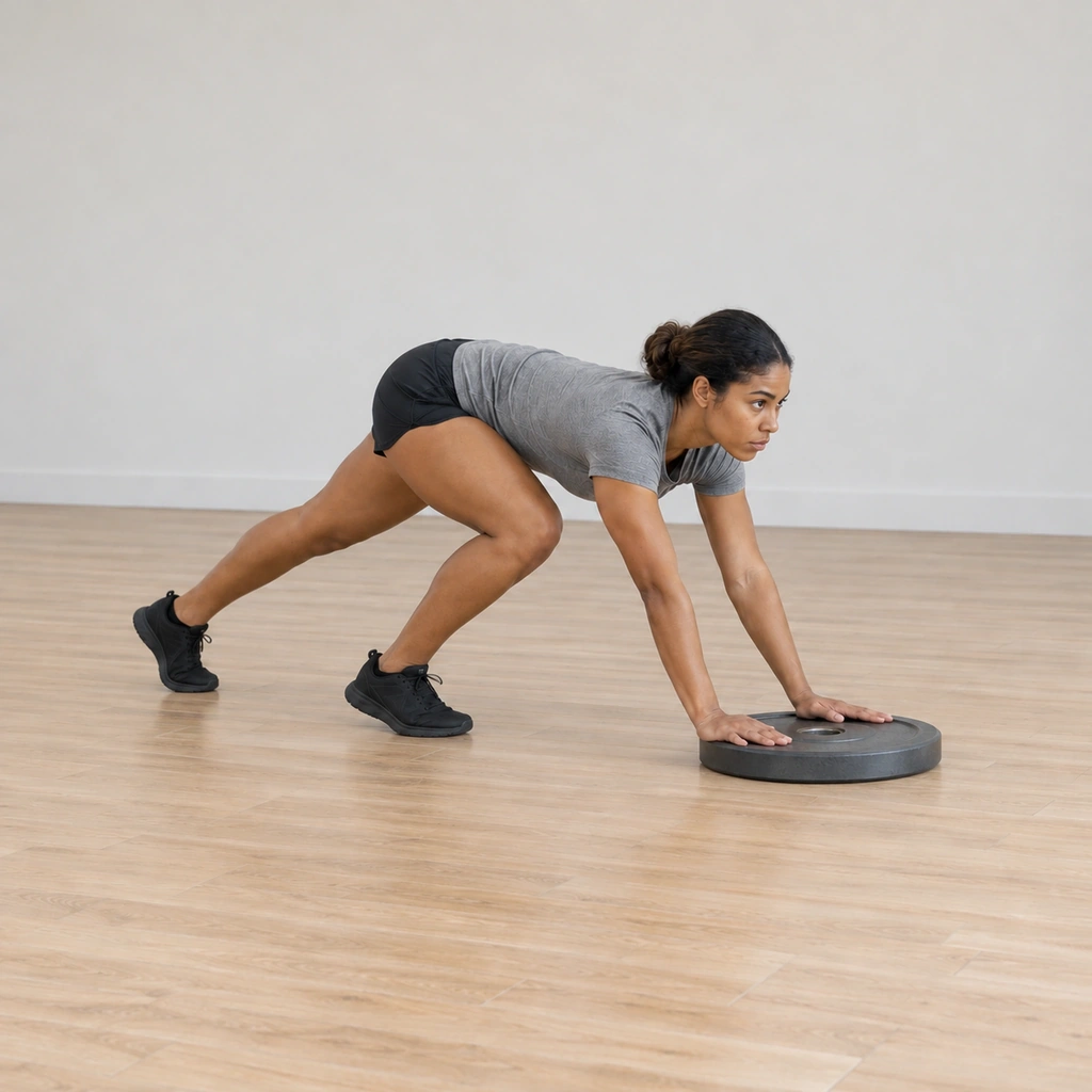 Her legs are loaded in a sprint stance behind the plate, one leg driving back and the other flexed forward, her body leaning into the extended arms on the disc.