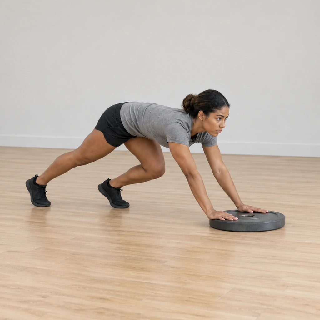 Her legs are driving hard, the plate sliding forward across the track under her extended arms, her body surging forward in the sprint stance.