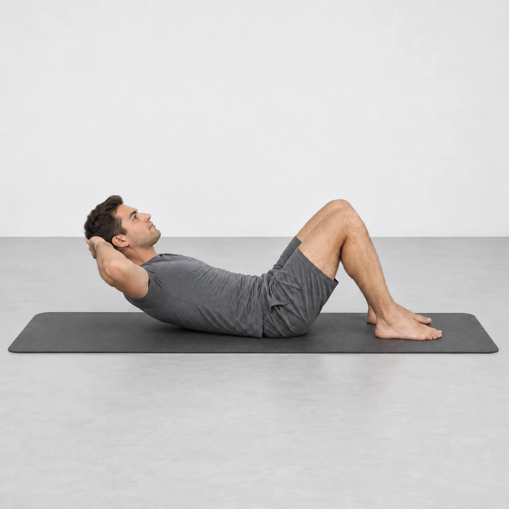 Man on a mat with his head and shoulder blades lifted and his mid back still down.