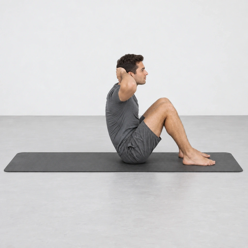 Man sitting up close to upright on a mat with his knees bent and his feet flat.