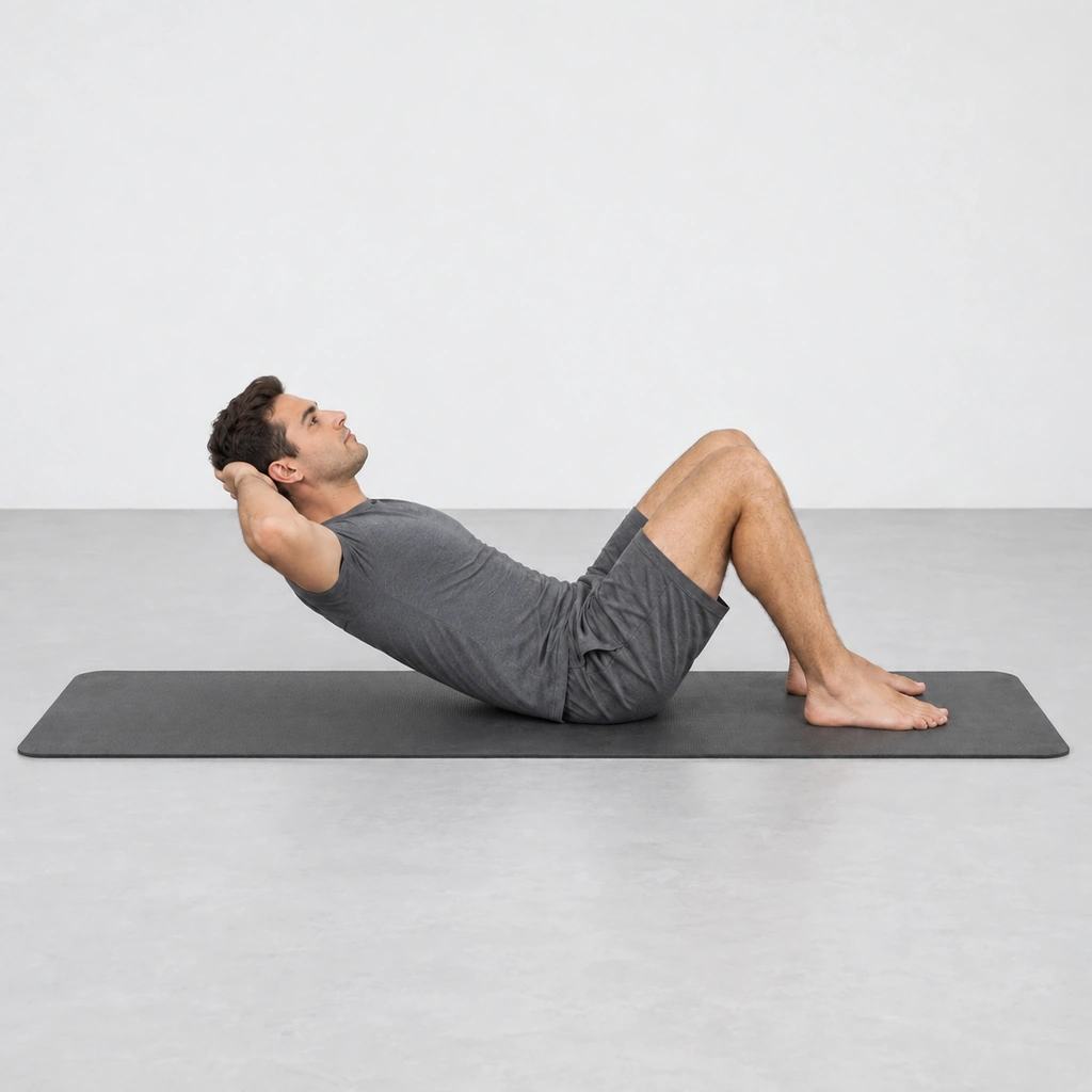 Man lowering his trunk back toward a mat with his knees bent and his feet flat.