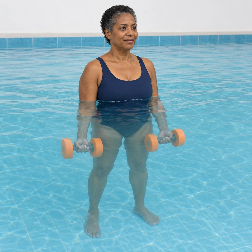 A woman standing chest-deep in a pool, arms down at her sides with both elbows tucked, palms forward, holding a foam water dumbbell in each hand under the water beside her thighs.