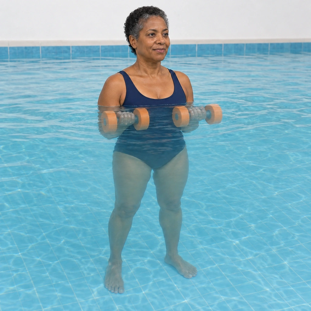 The same woman still standing chest-deep in the pool, elbows still tucked at her sides, forearms curled up so both foam water dumbbells sit just under the water's surface in front of her chest.