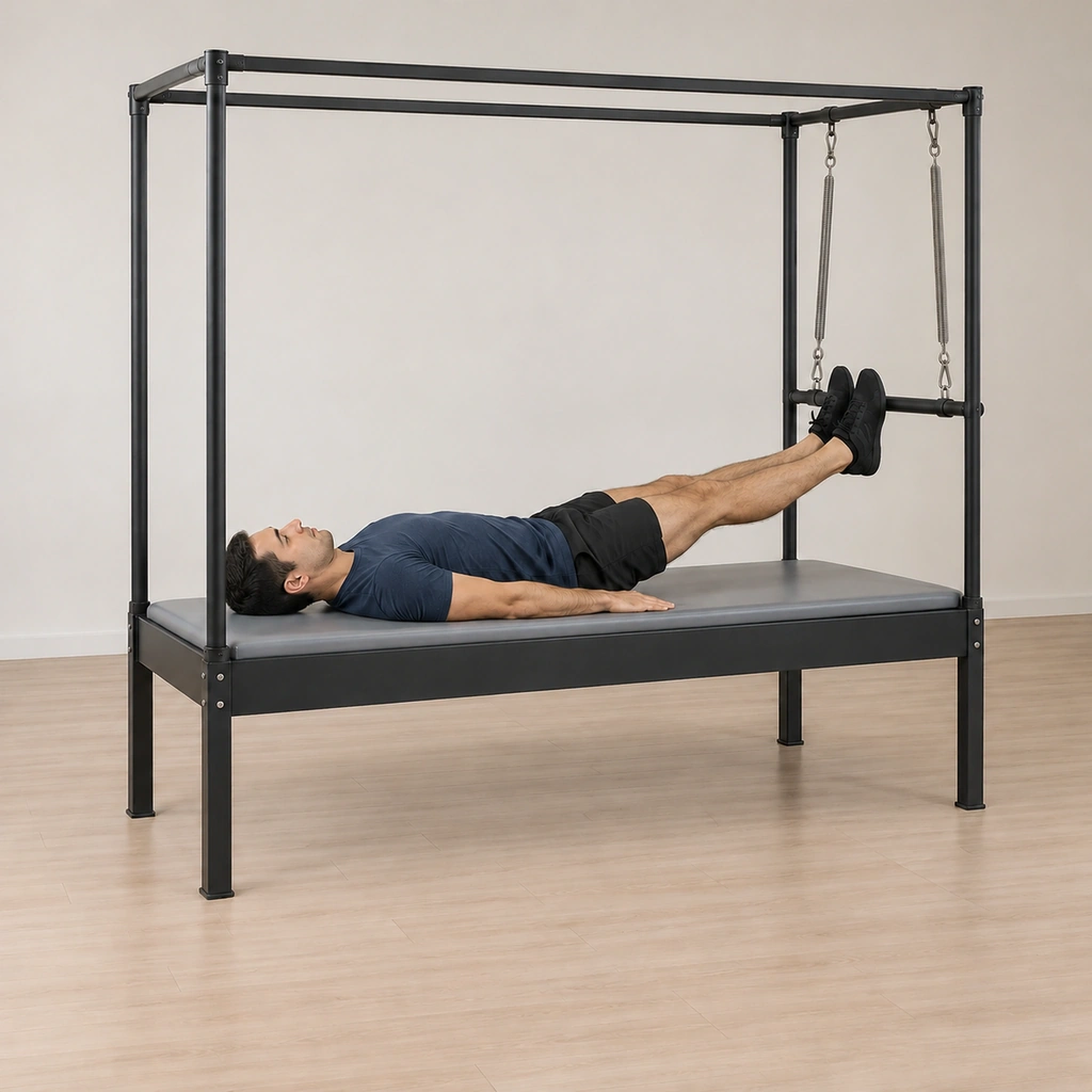His legs are straightened pressing the push-thru bar away on its spring, the balls of his feet still on it, his spine long and his tailbone held down.