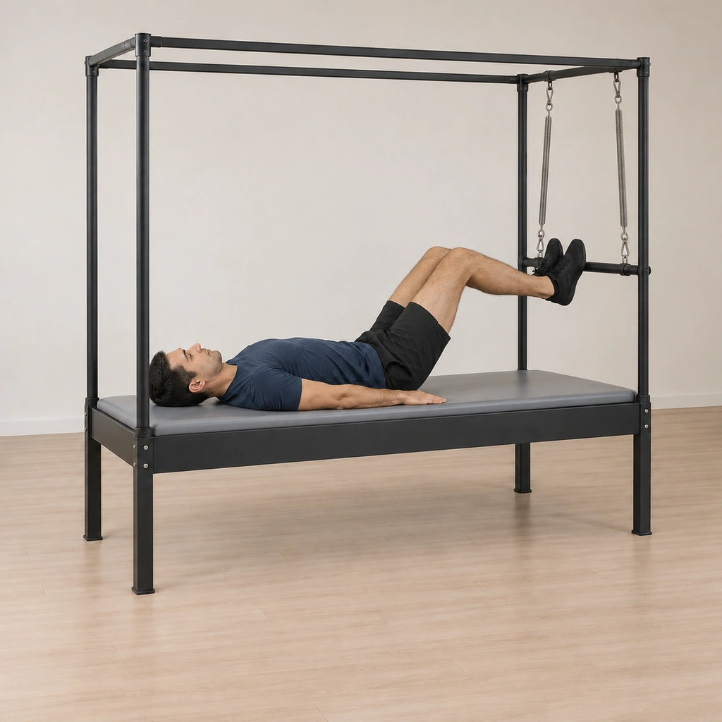 The arches of his feet are now on the push-thru bar in the bird-on-a-perch position, his legs mid-bend, his spine long and his tailbone still down.