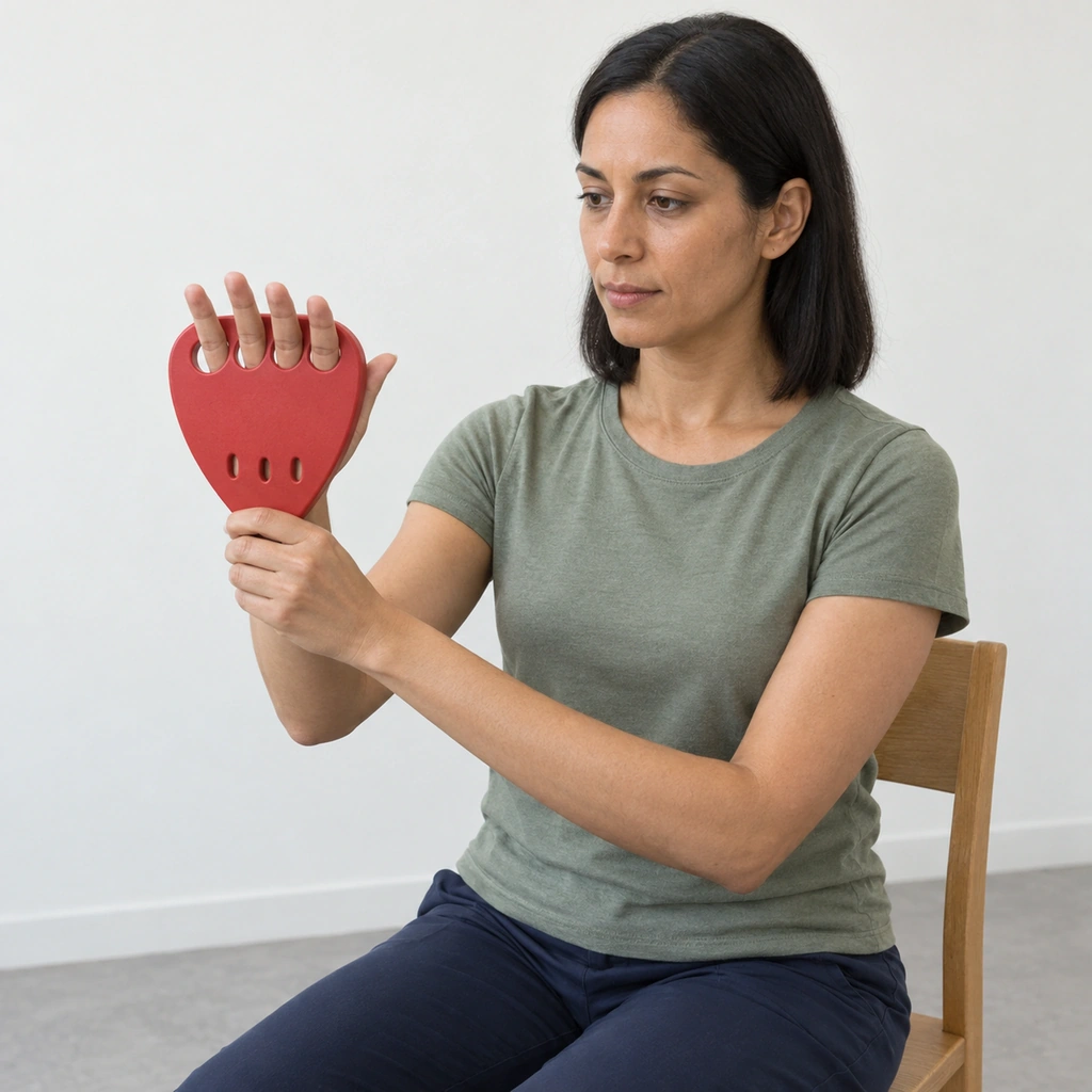 A woman seated with her right forearm up and palm facing away, four straight fingers angled forward through the holes of a soft pad that her left hand holds by its lower point.