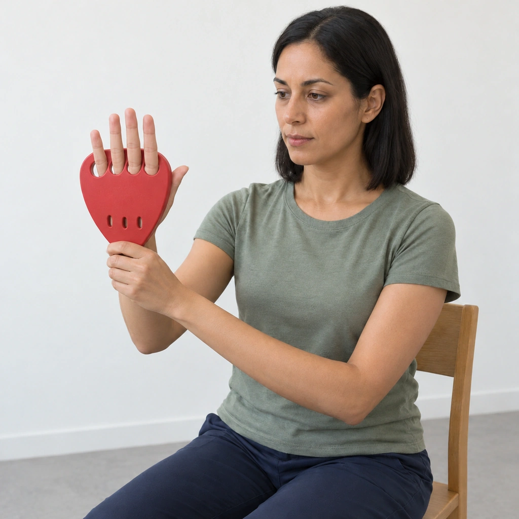 The same woman with her four right fingers pointing straight up through the pad's holes, her hand open, her thumb out to the side and her left hand still holding the pad's lower point.
