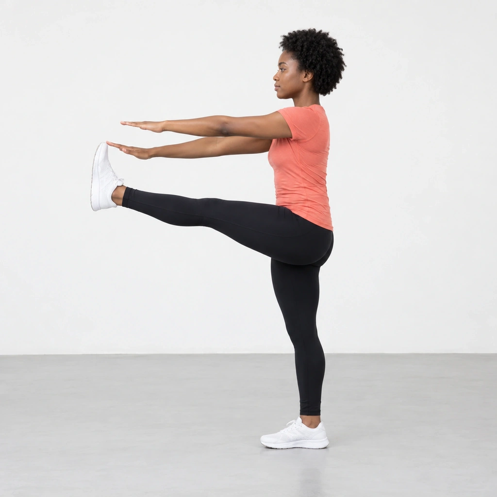 Woman walking with both arms straight out in front, kicking her straight right leg up toward her left hand with her trunk upright.